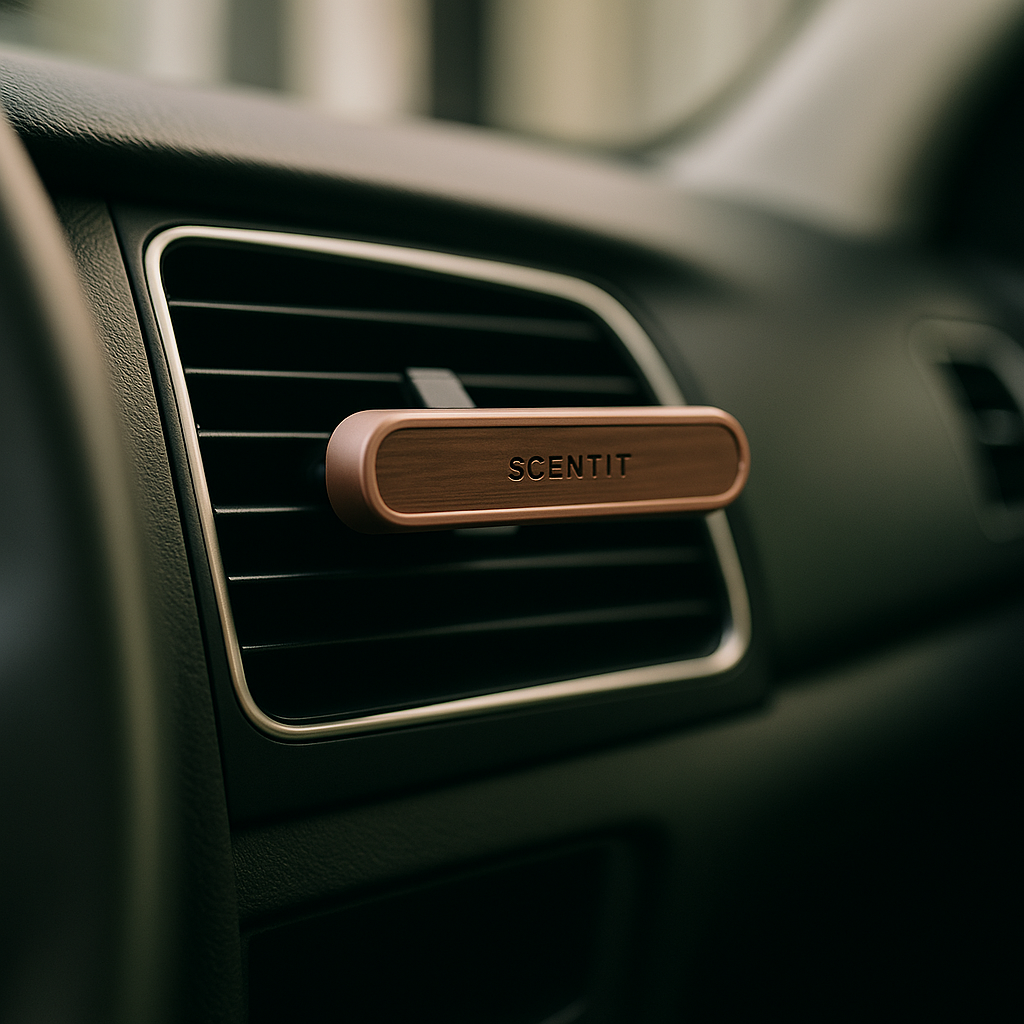 Car air freshener with 'SCENTIT' branding on a car vent.